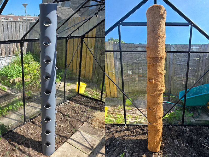 zelfgemaakte duurzame aardbeientoren voor verticale moestuin in de stad, plantentoren gemaakt van afvoerbuis bekleed met kokosmatten